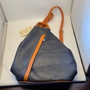 Italian Stylish Elegant Navy and Tan Leather Women's Backpack